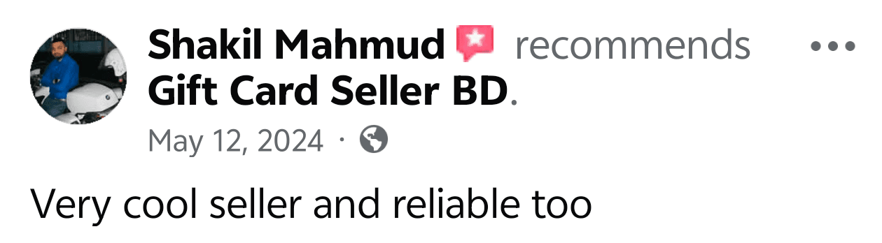 Shakil Mahmud recommendation screenshot on Gift Card Seller BD Facebook Page
